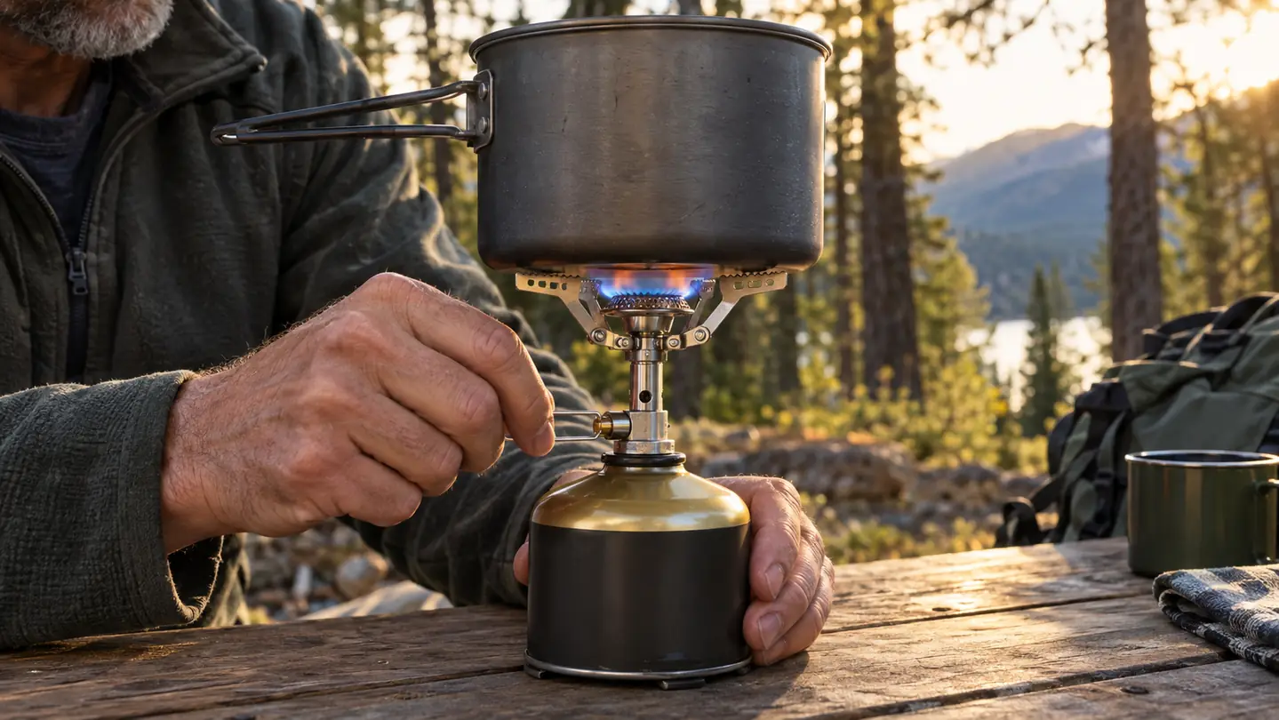 A hand lighting a backpacking stove with a pot of water on top at a campsite