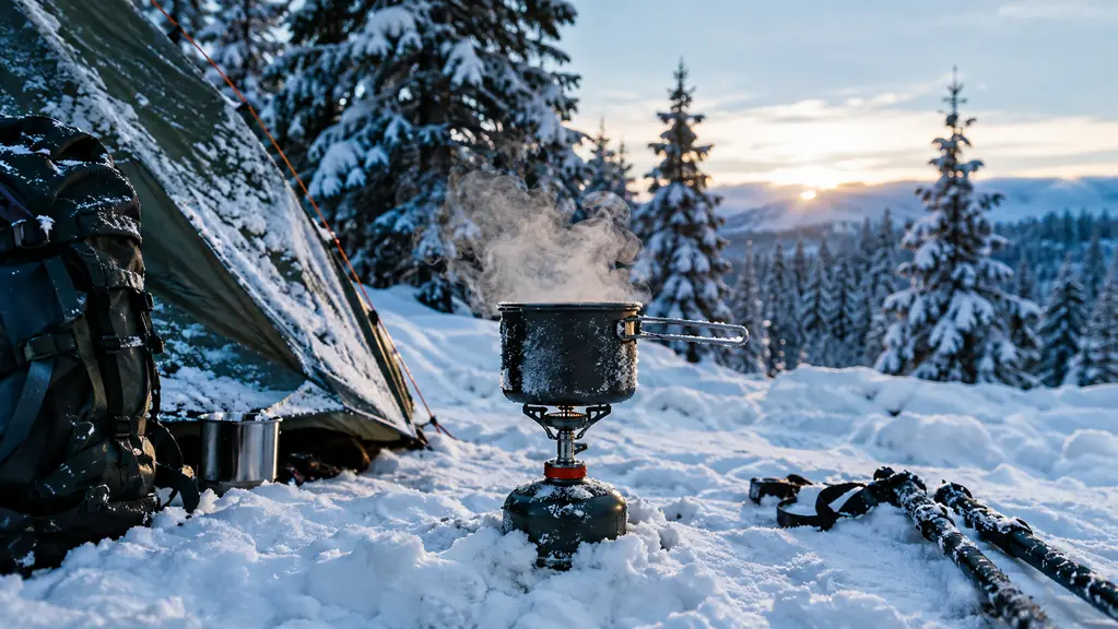 A backpacking stove melting snow in a pot at a winter campsite