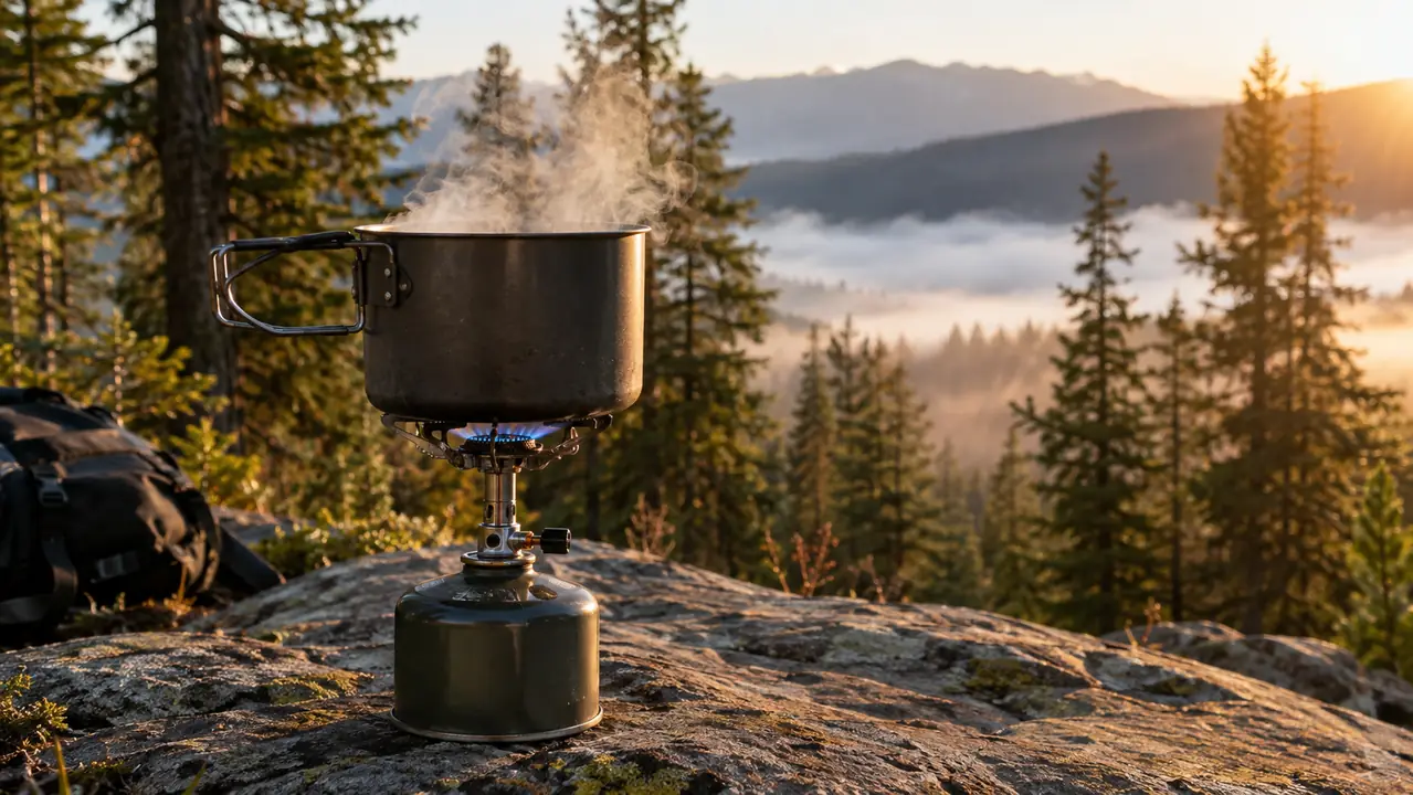 A backpacking stove with a steaming pot at a mountain campsite at dawn