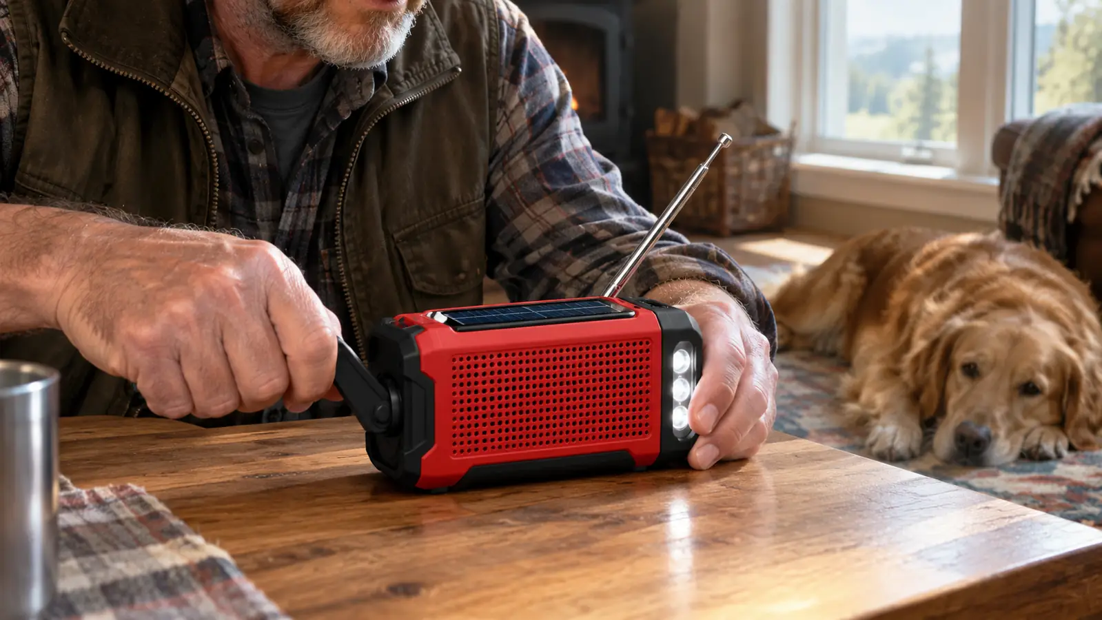 A hand turning the crank on a weather radio while the dog rests on the floor nearby