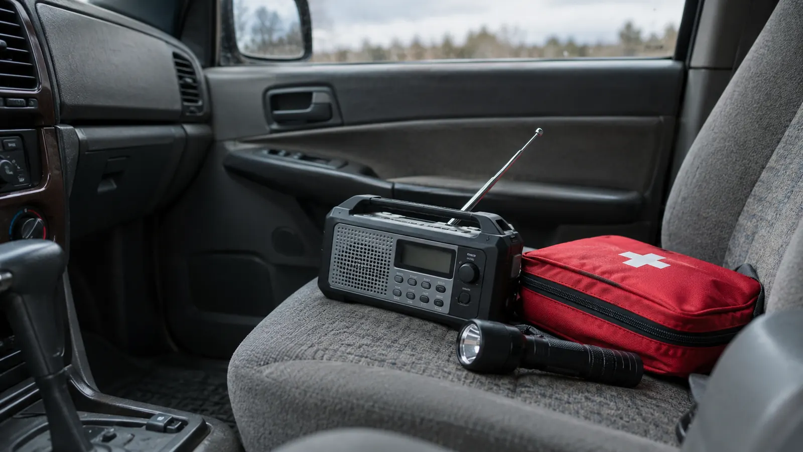 A weather radio on a car seat inside a 4Runner, packed with a first aid kit and flashlight
