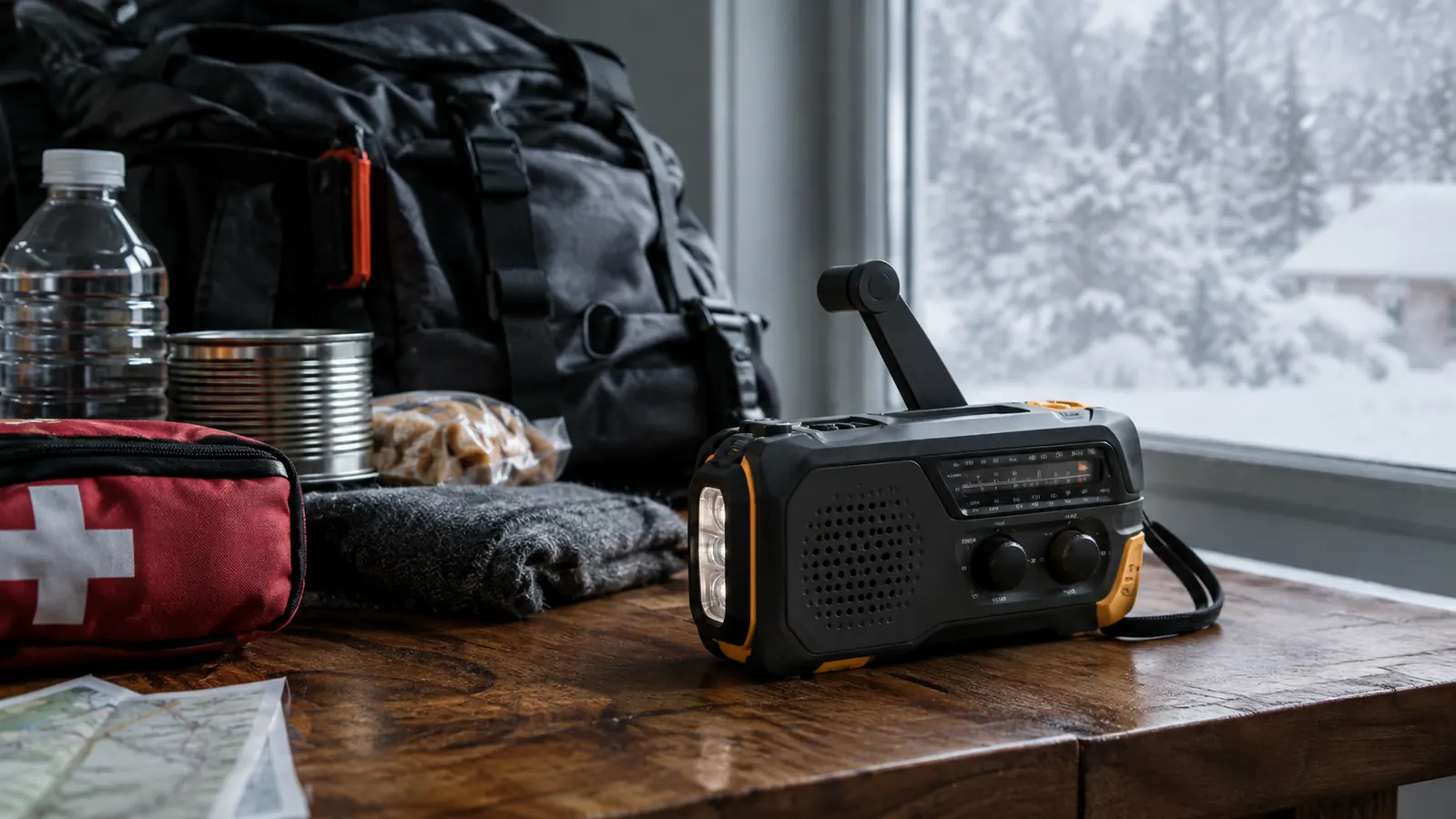 A crank weather radio on a wooden table beside a packed emergency kit, with a window showing a gray winter sky