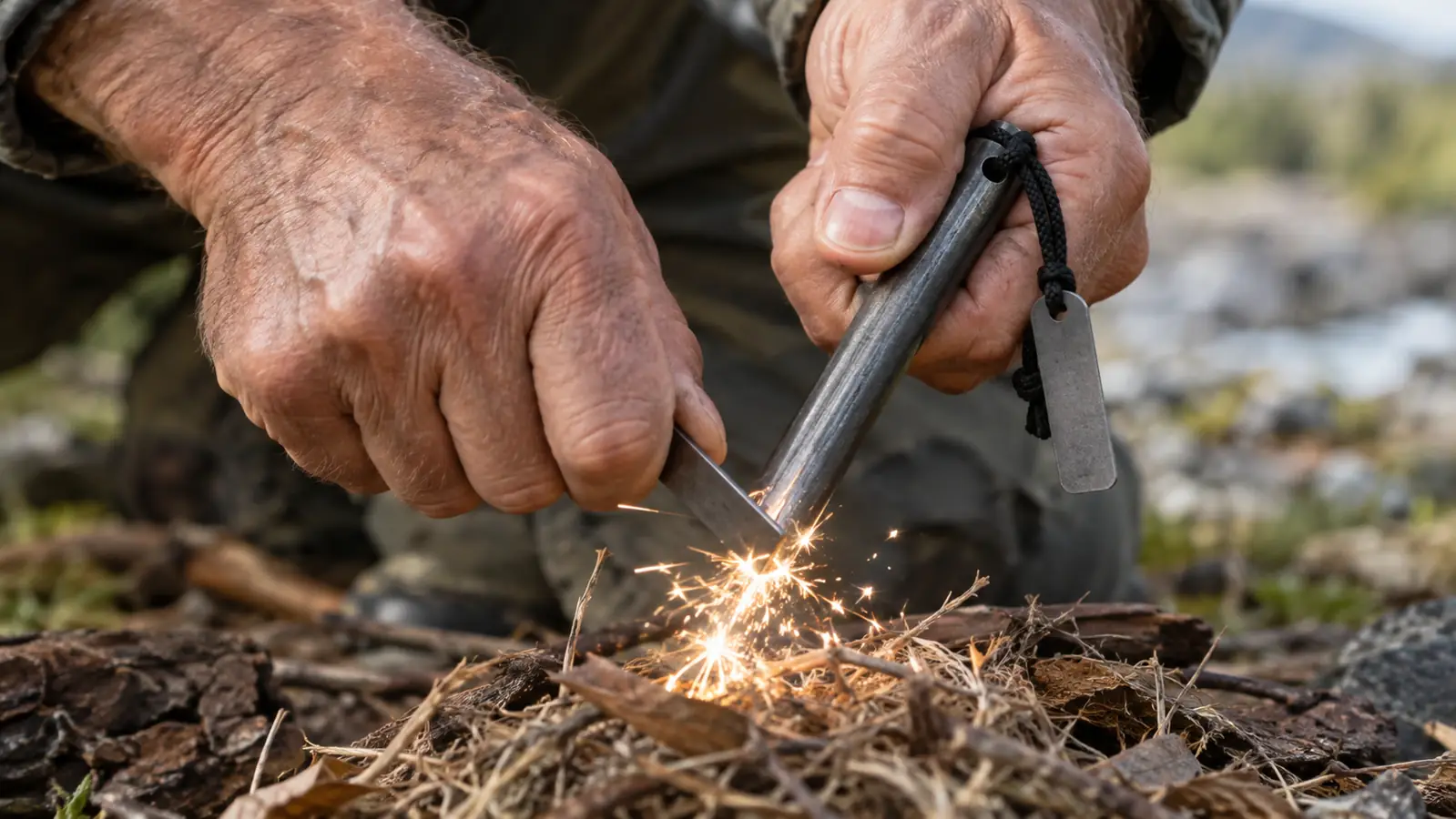 A hand striking a ferro rod at a low angle, sending a shower of bright sparks onto a small tinder nest.