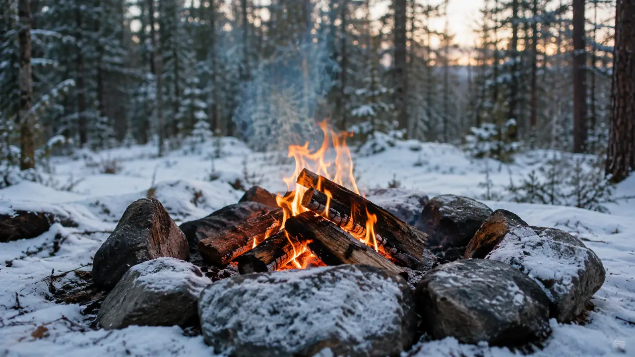 A small campfire catching in a snow-dusted fire ring during a winter overnight in the mountains.