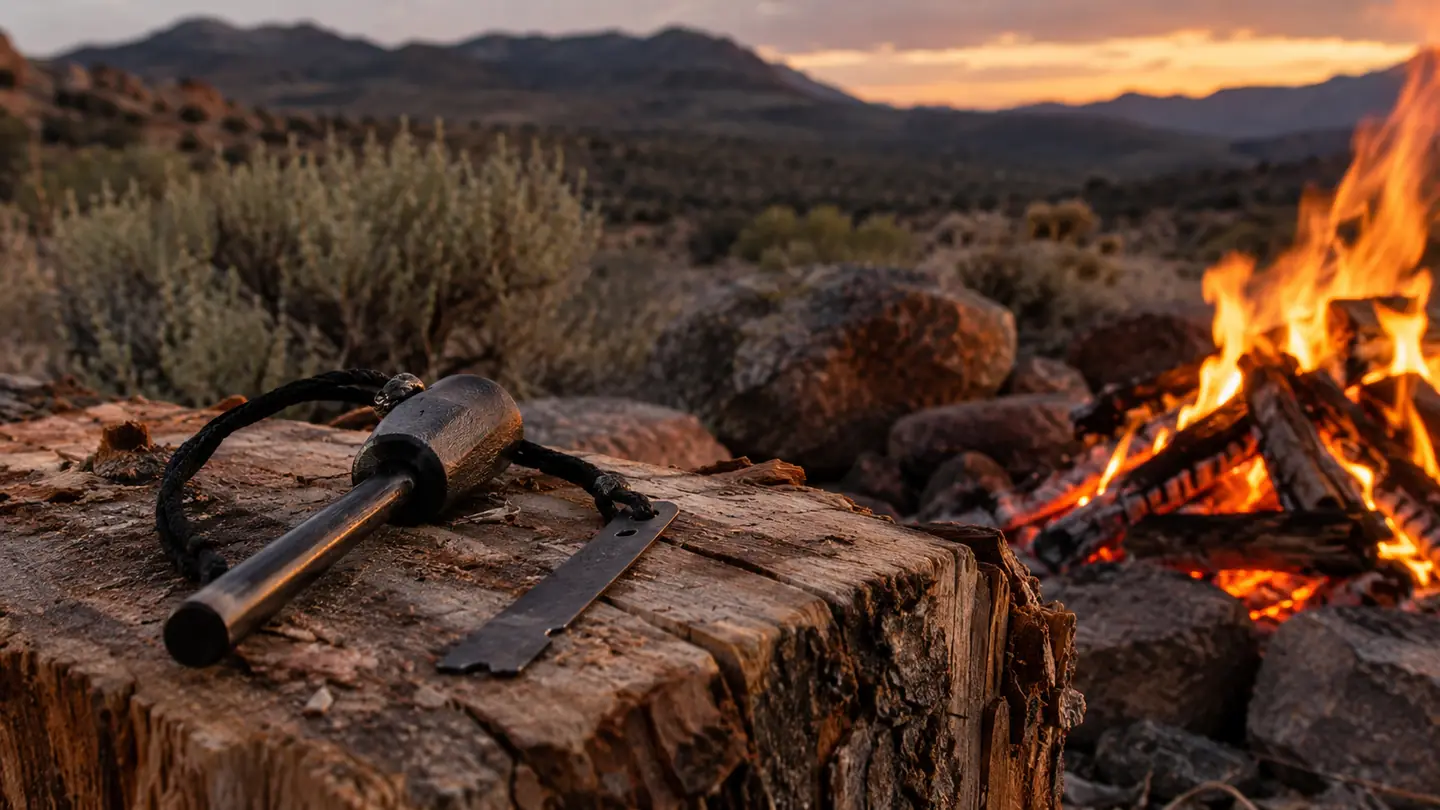 A ferro rod fire starter and its steel striker resting on a split log beside a small campfire in the high desert at dusk.