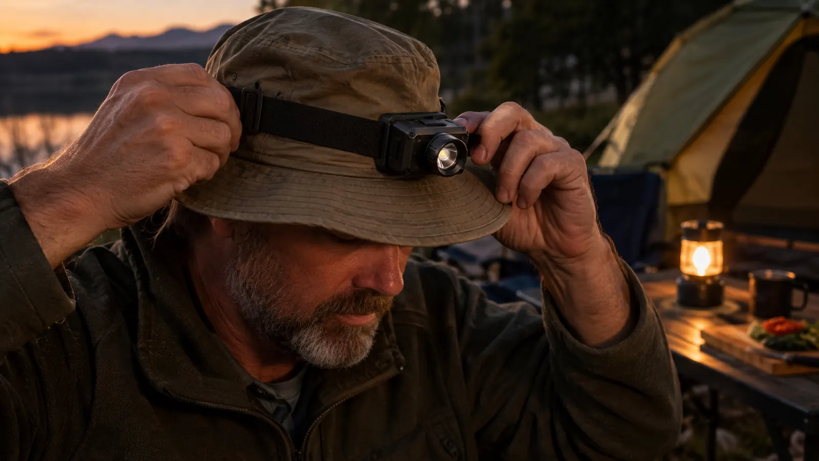 A person's hands adjusting a headlamp strap over a brimmed hat at an evening campsite