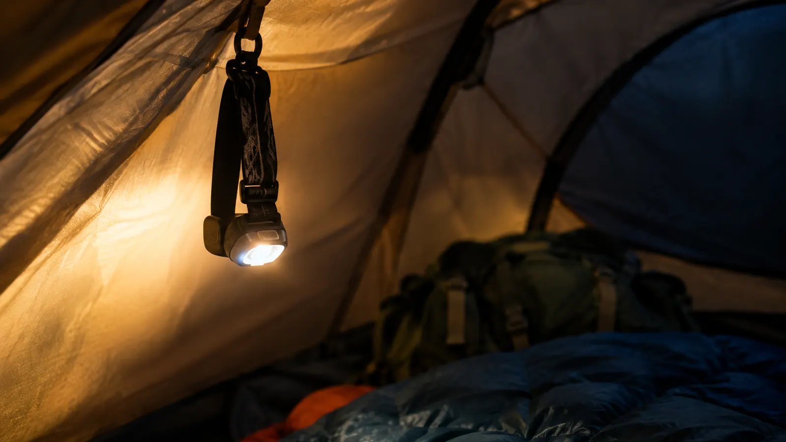 A headlamp hanging by its strap from a tent loop, lighting the inside of a tent at night