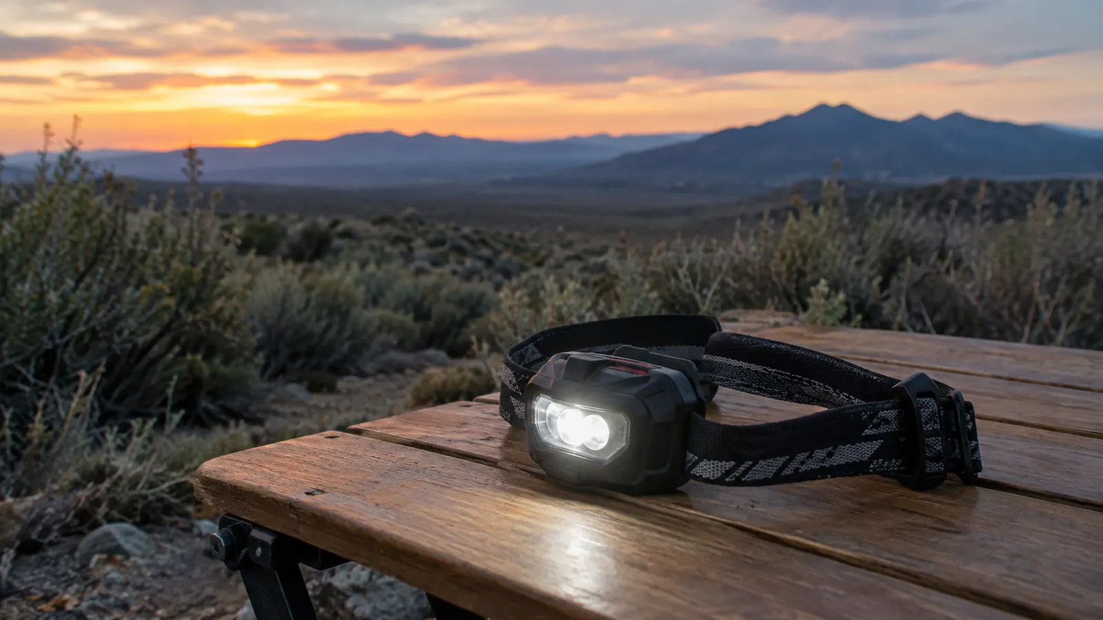 A headlamp lying on a wooden camp table at dusk in the high desert, its beam on, sage and mountains in soft evening light