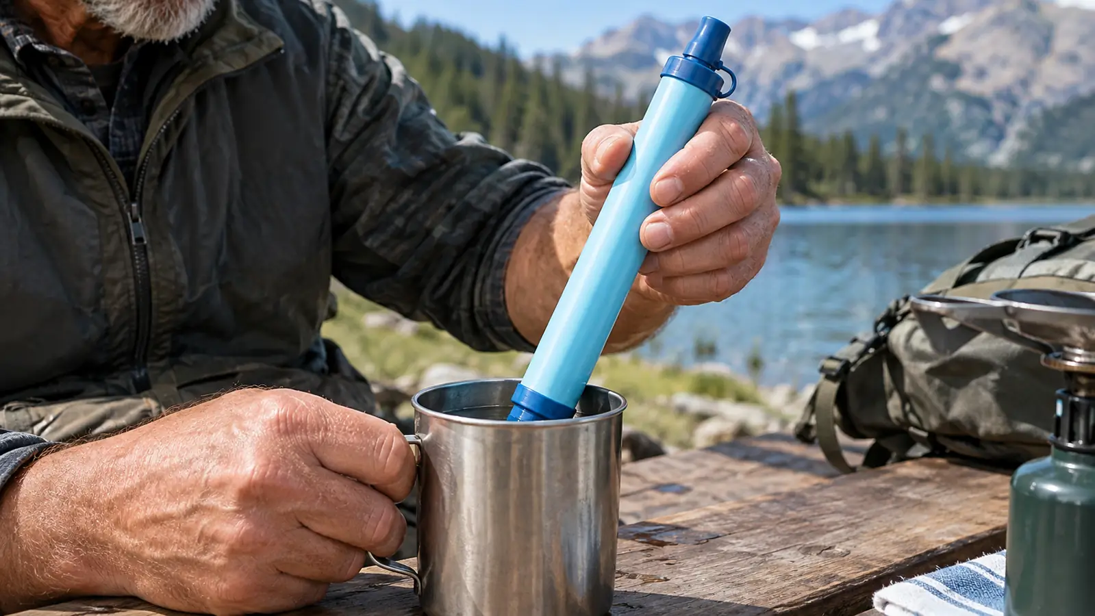 A hand holding a water filter straw over a stainless steel camp mug