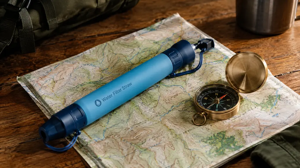 A water filter straw lying on a folded map next to a compass on a wooden table