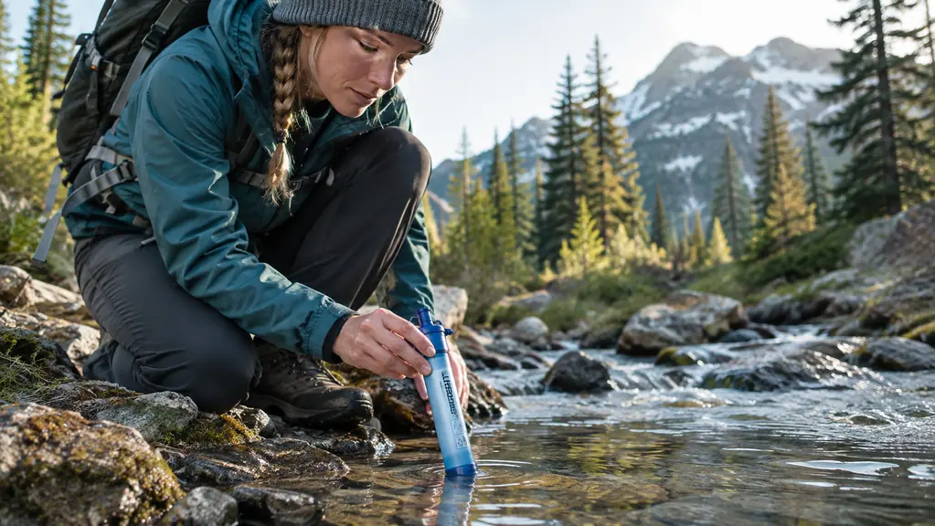 A person kneeling beside a mountain stream with a water filter straw in hand, filling a bottle
