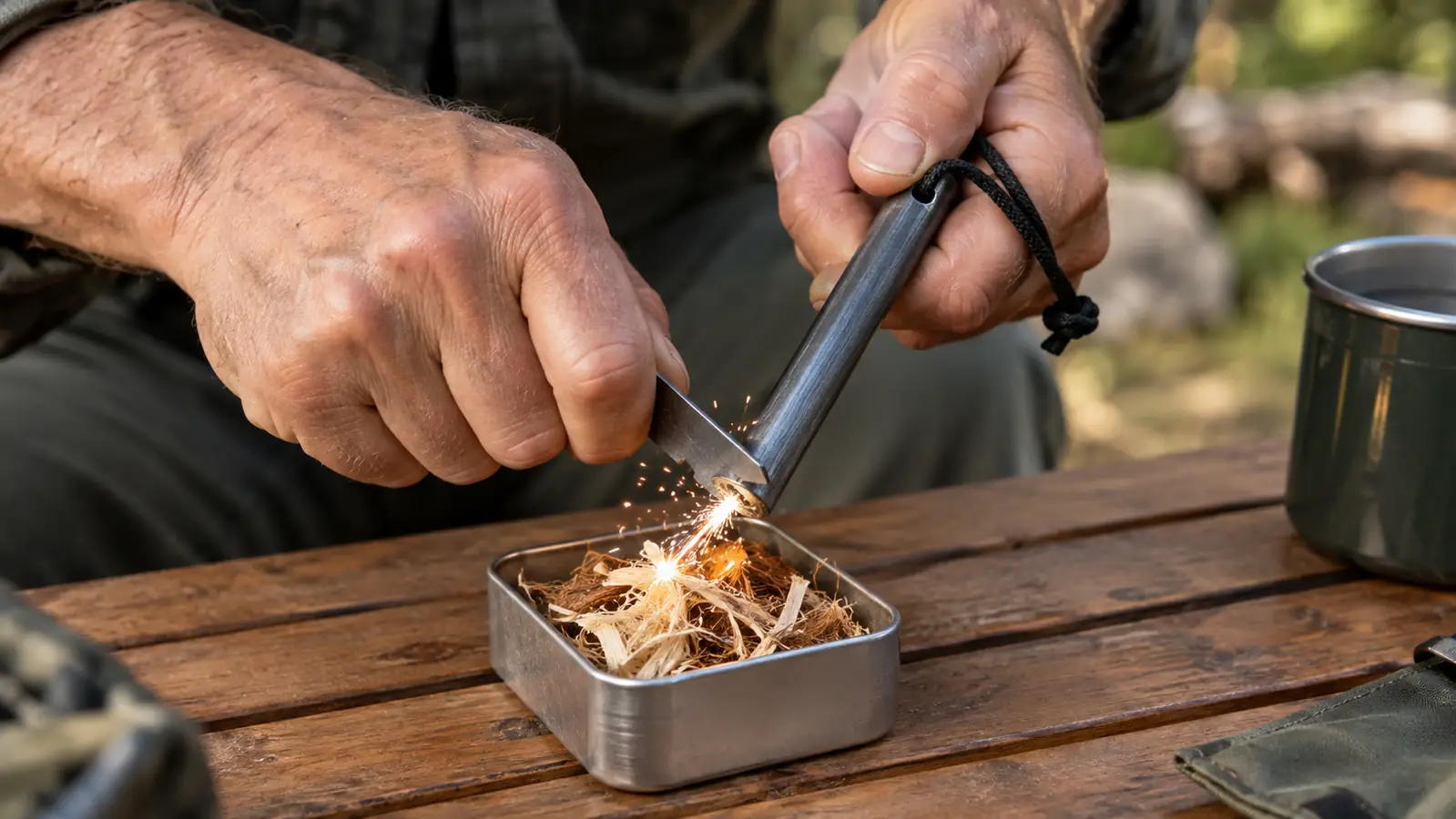 Close view of a hand using a striker on a ferro rod to shower sparks onto tinder in a small tin on a camp table
