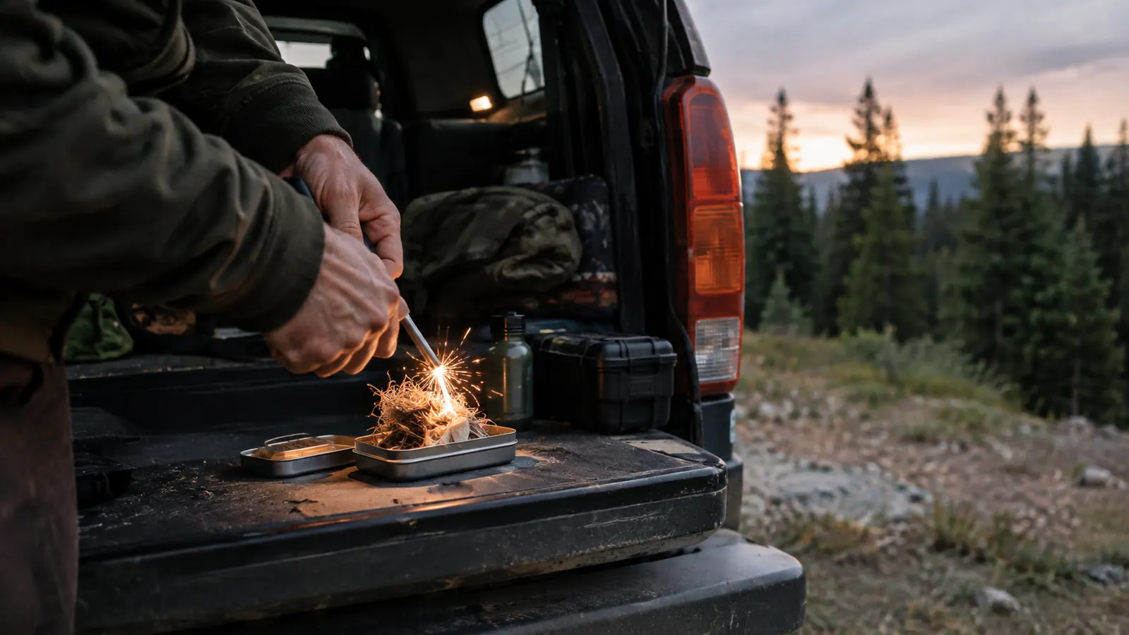 Hands striking a ferro rod over a small tin of tinder beside an open vehicle tailgate at dusk