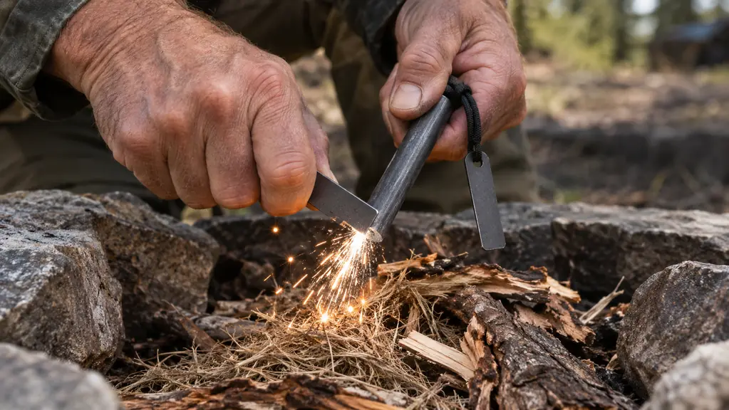 Bright sparks falling from a ferro rod onto dry tinder in a fire ring