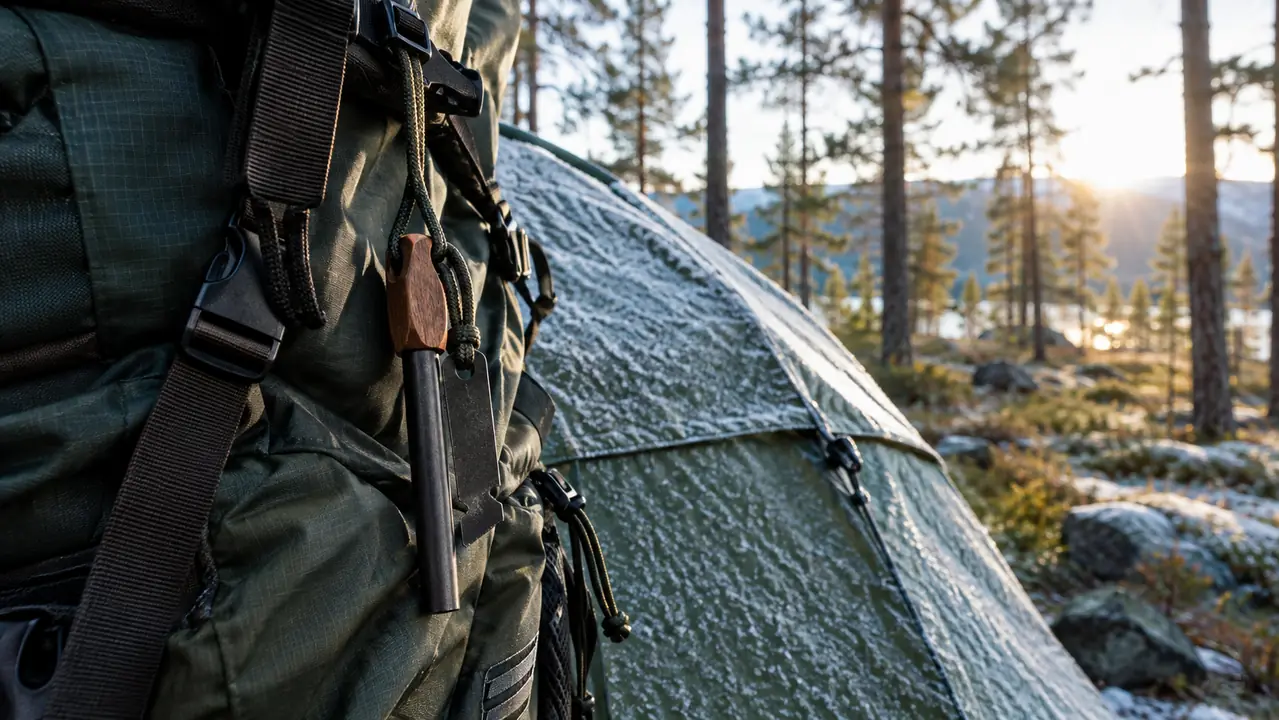 A ferro rod hanging by a cord from a backpack strap outside a tent in a frosty pine forest