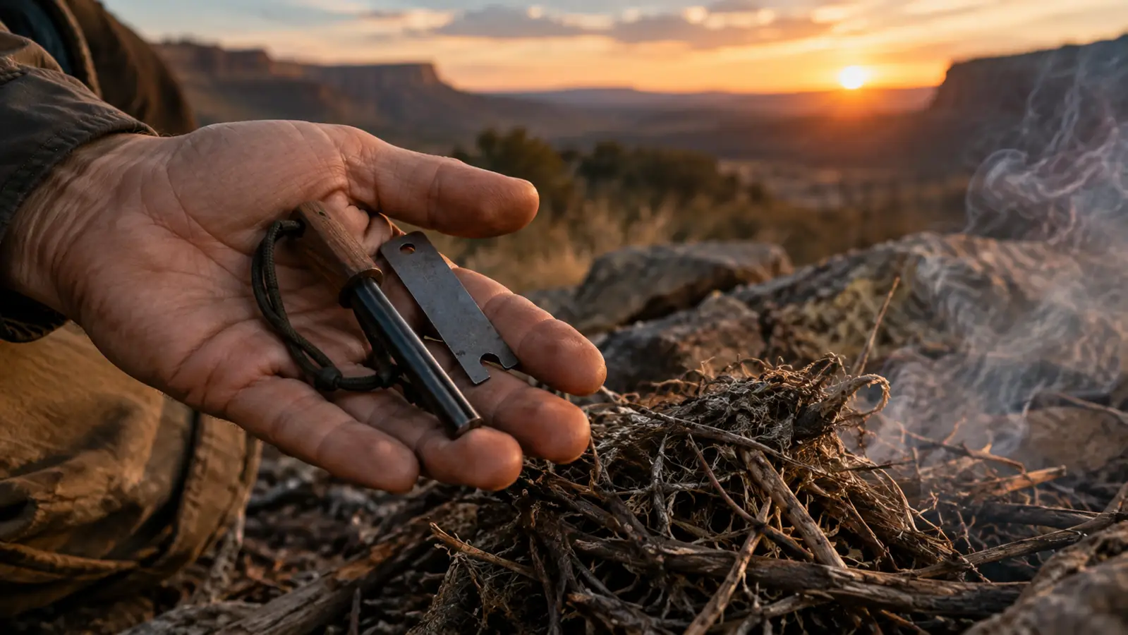 A hand holding a ferro rod and a small striker over a nest of dry tinder, with a campfire starting in the background