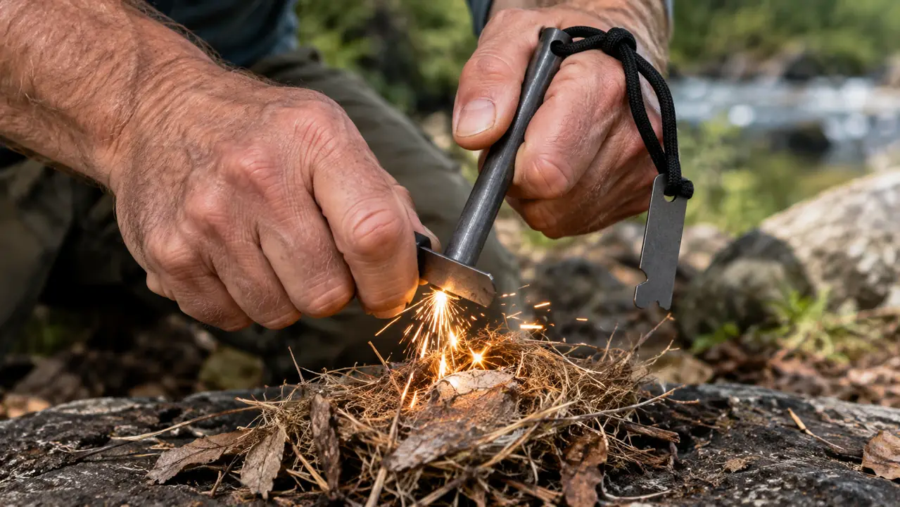 A hand holding a ferro rod and striker over a pile of dry tinder, sparks falling onto the tinder