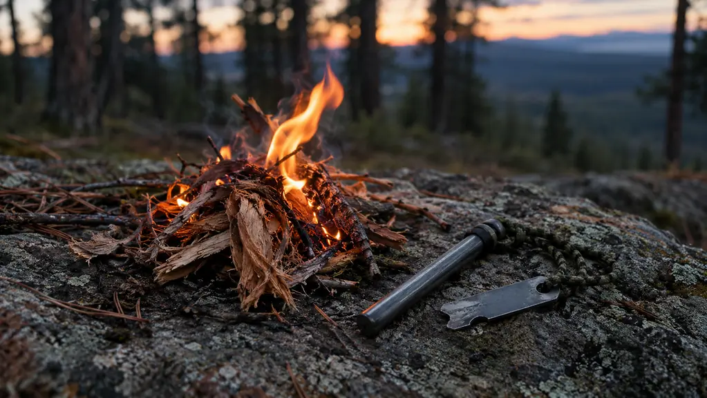 A small pile of shredded bark and dry twigs catching flame next to a ferro rod on a flat stone
