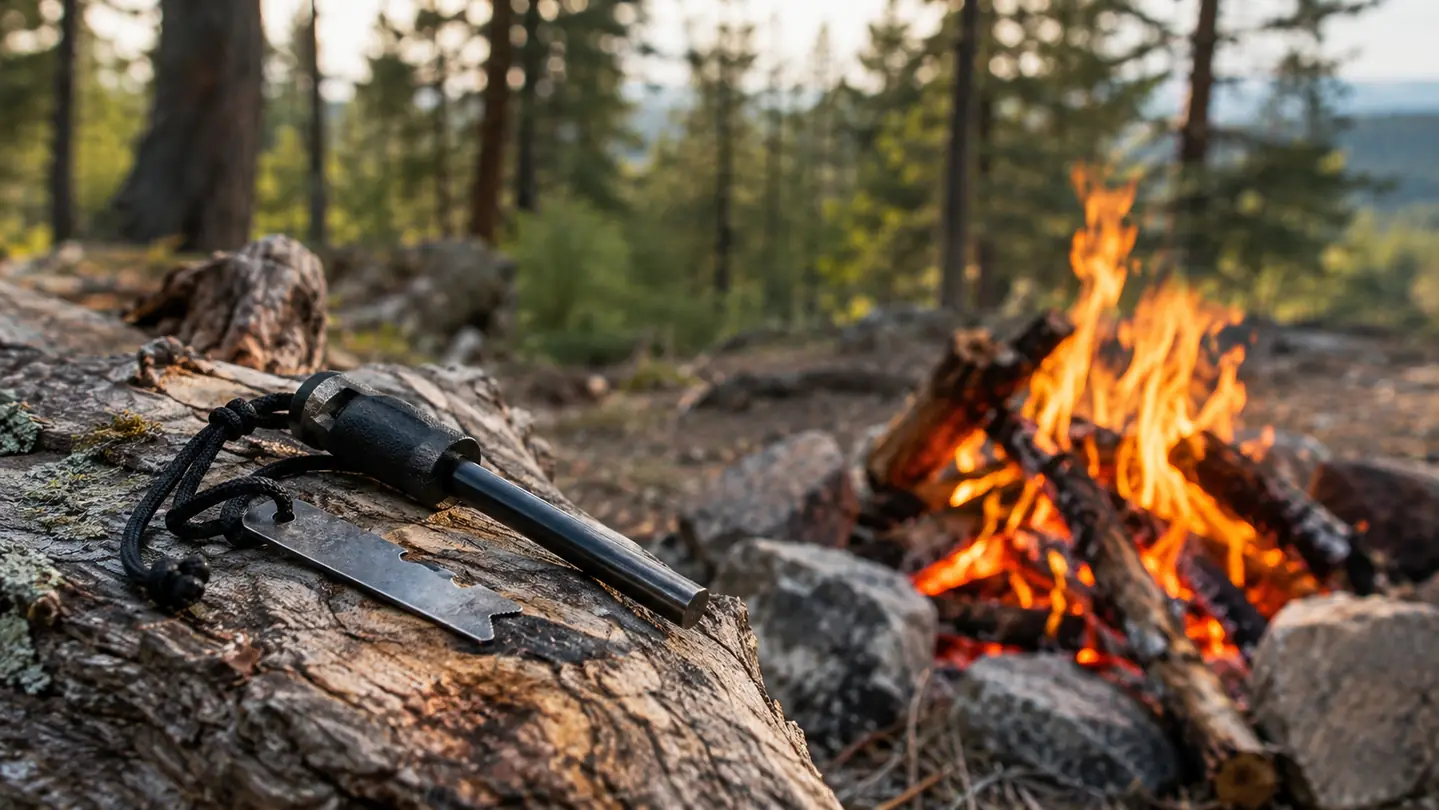 A ferro rod and striker lying on a weathered log beside a small campfire in the late afternoon