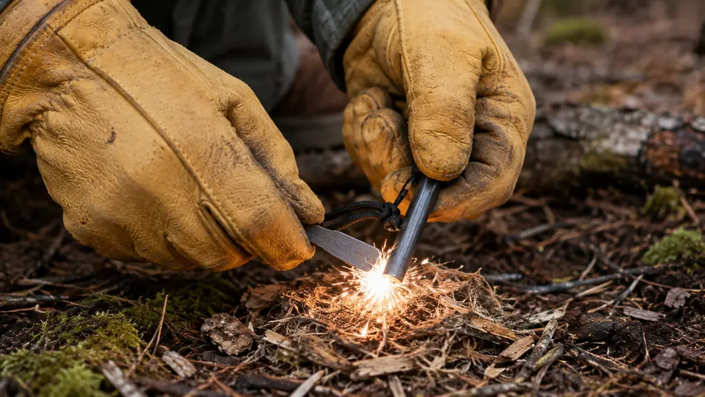 Hands in work gloves striking a ferro rod over a small pile of tinder, sparks flying.