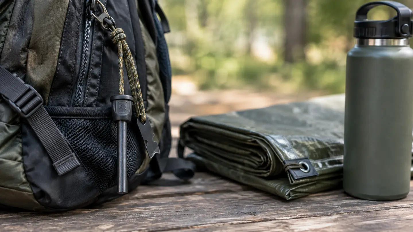 A ferro rod hanging from a backpack zipper pull beside other camp gear.