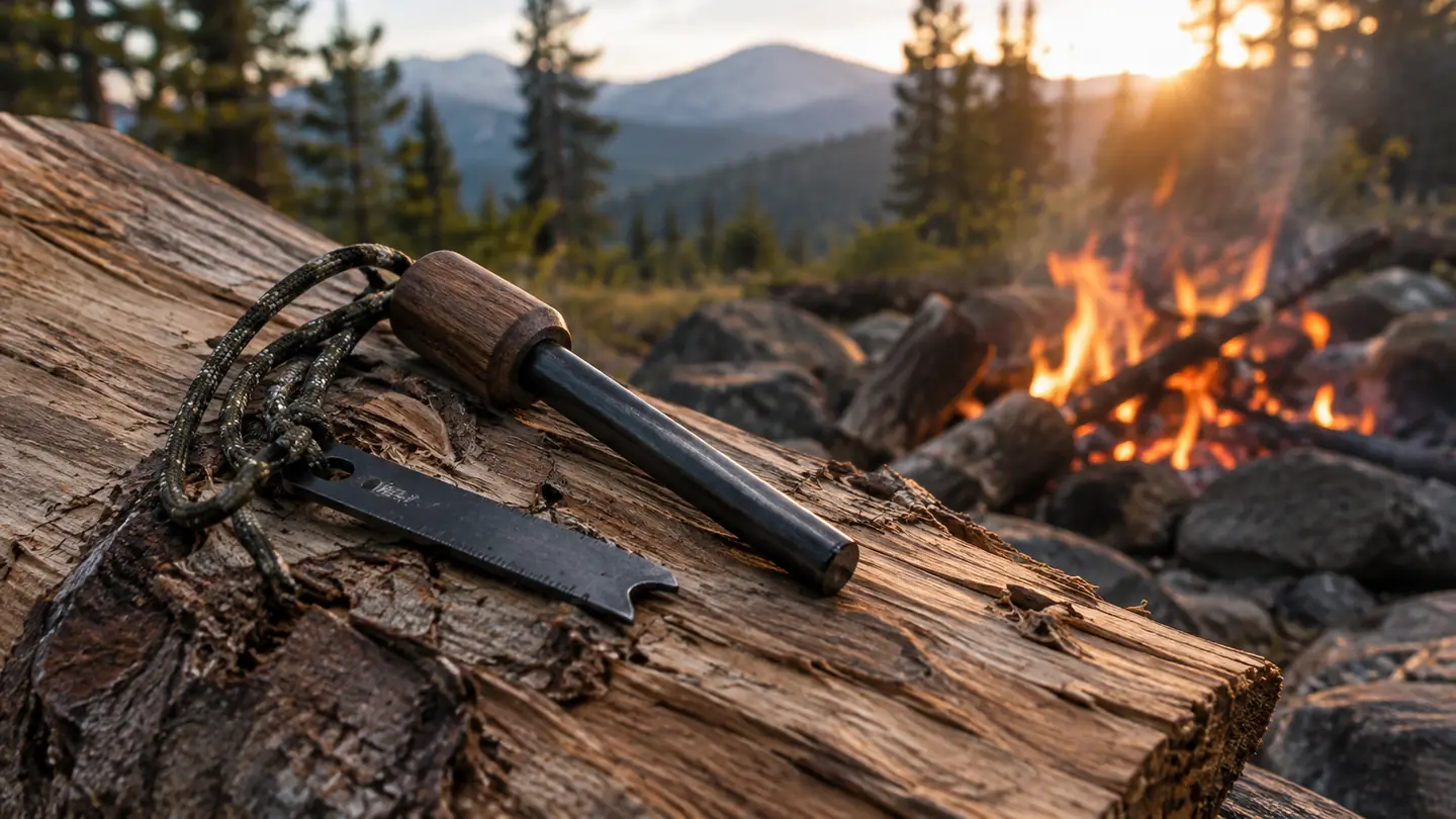 A ferro rod and striker on a split log beside a campfire in the Cascades.
