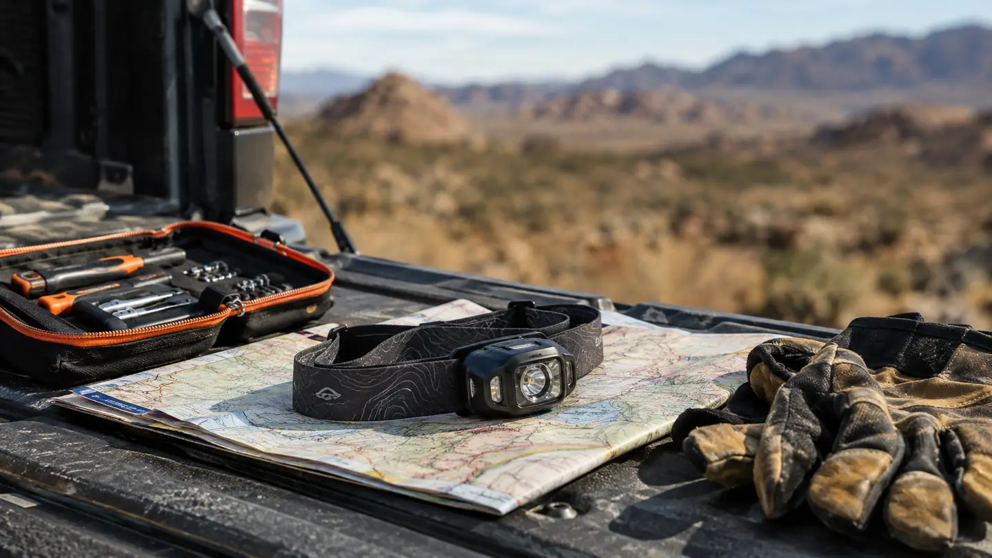 compact headlamp on a folded road map beside a small tool kit on a tailgate in daylight