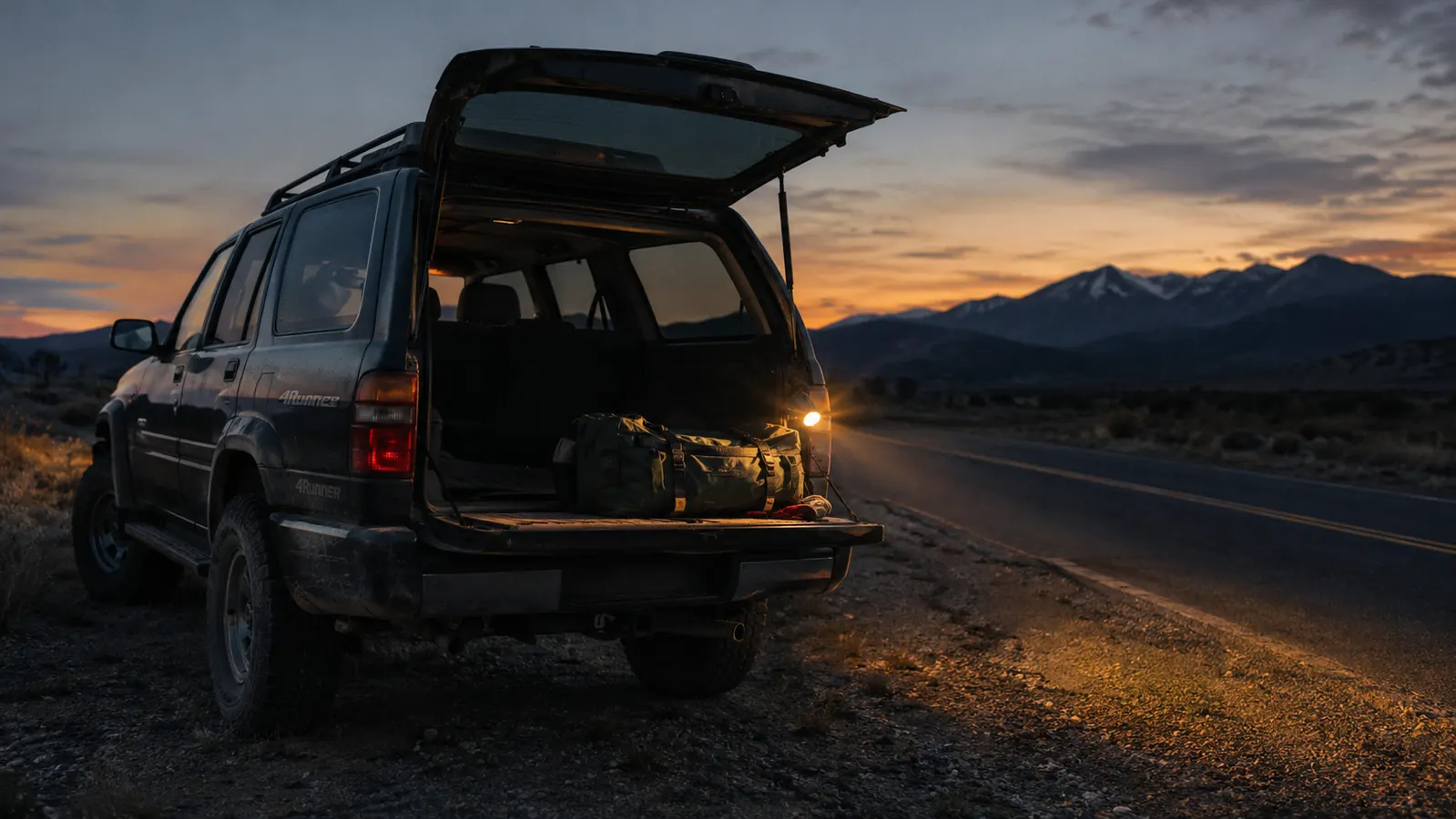 older Toyota 4Runner parked on a highway shoulder at dusk with a gear bag on the tailgate and a headlamp beam lighting the scene