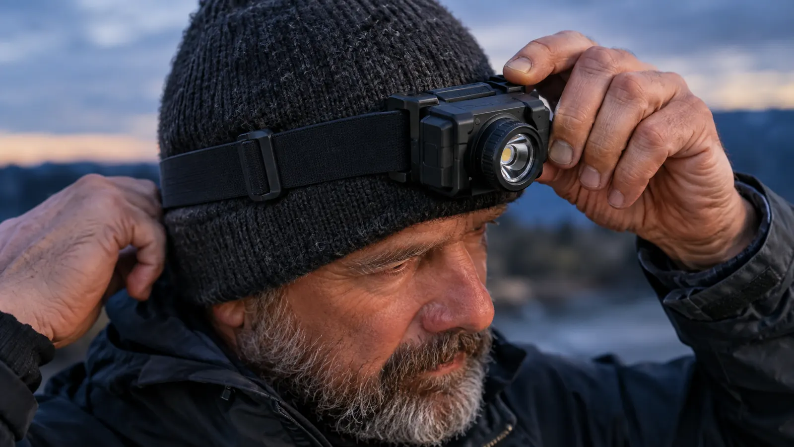 A hand adjusting a headlamp strap over a knit beanie, the lamp angled downward