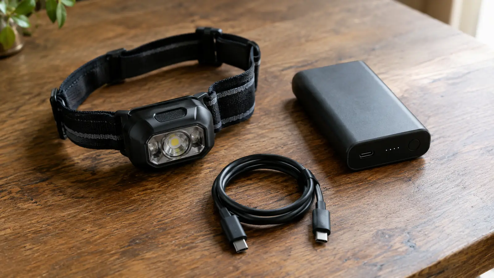 A headlamp lying on a wooden table beside a USB-C cable and a small power bank