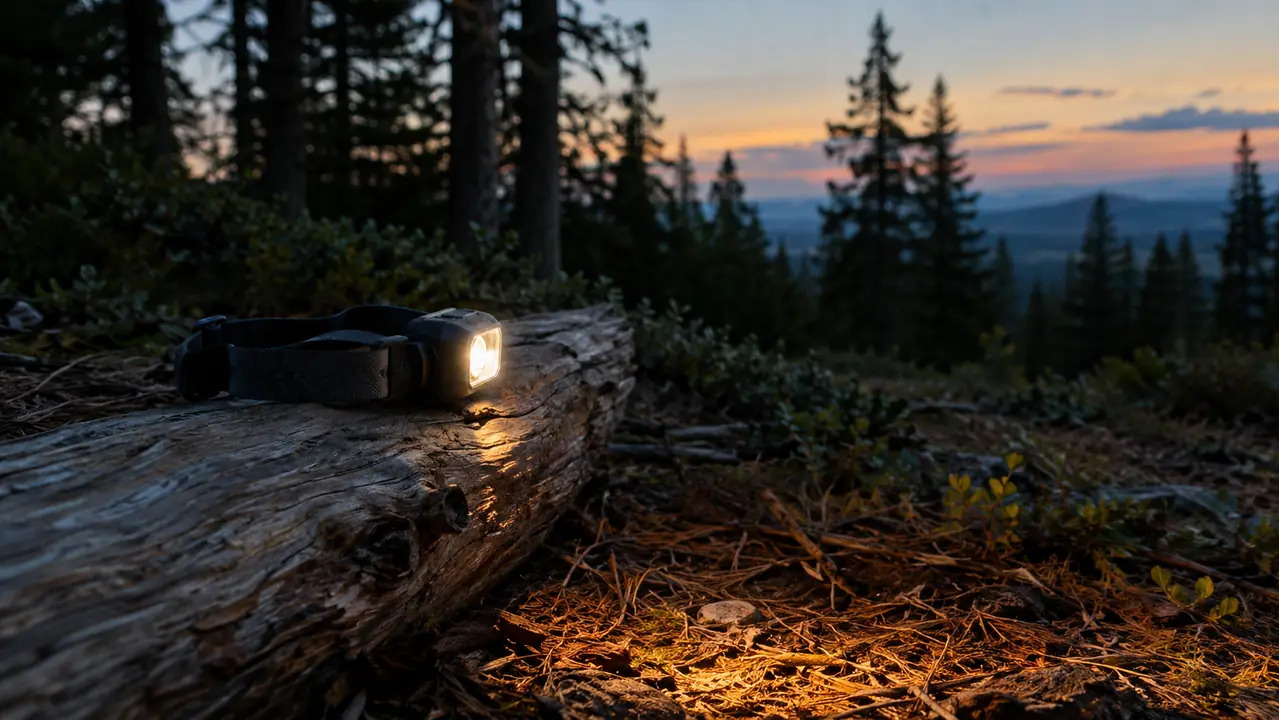 A headlamp resting on a weathered log at dusk in a pine forest, beam aimed at the ground