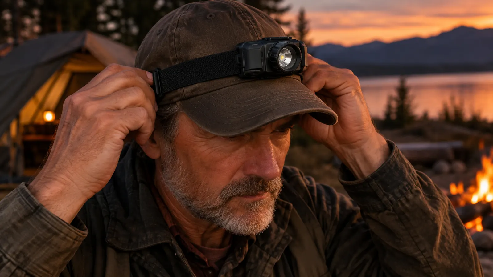 A hand adjusting a headlamp strap over a billed cap at dusk in a campsite, warm low light