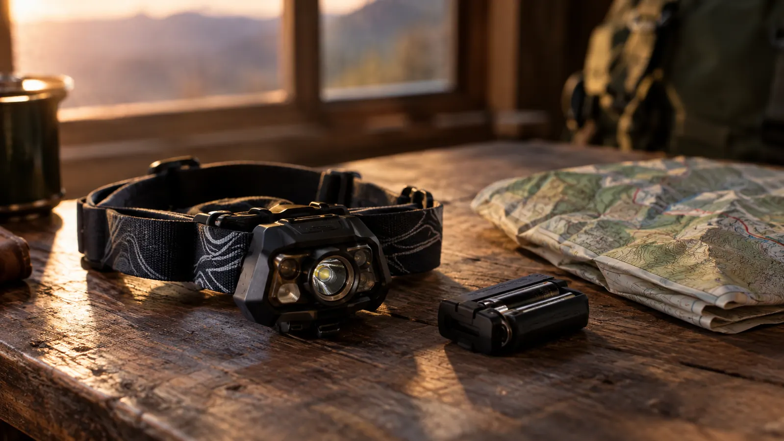 A headlamp lying on a worn wooden table beside a folded map and a battery pack, soft evening light through a window