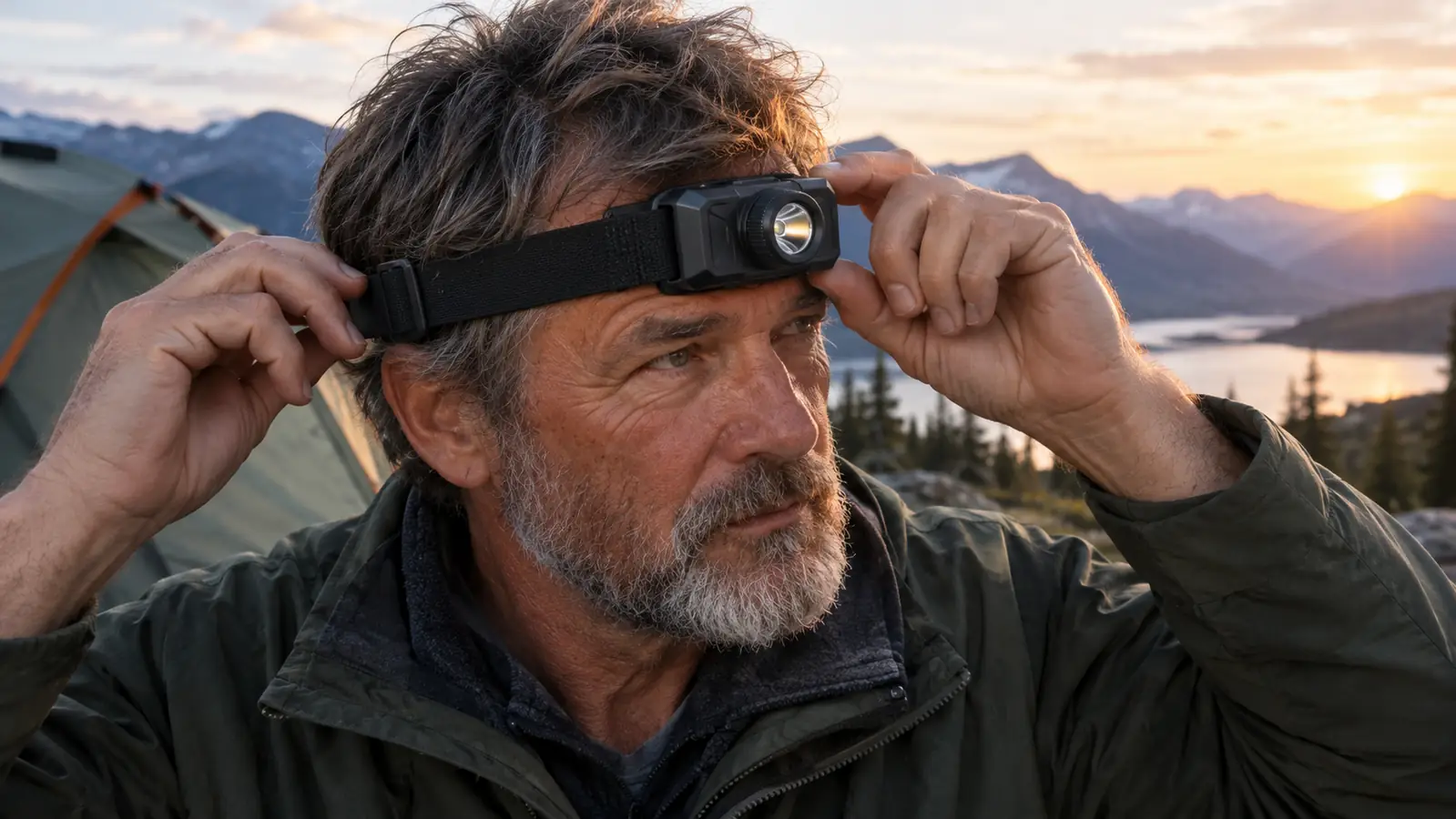 A hand adjusting a headlamp strap on a person's head outside a tent at dawn