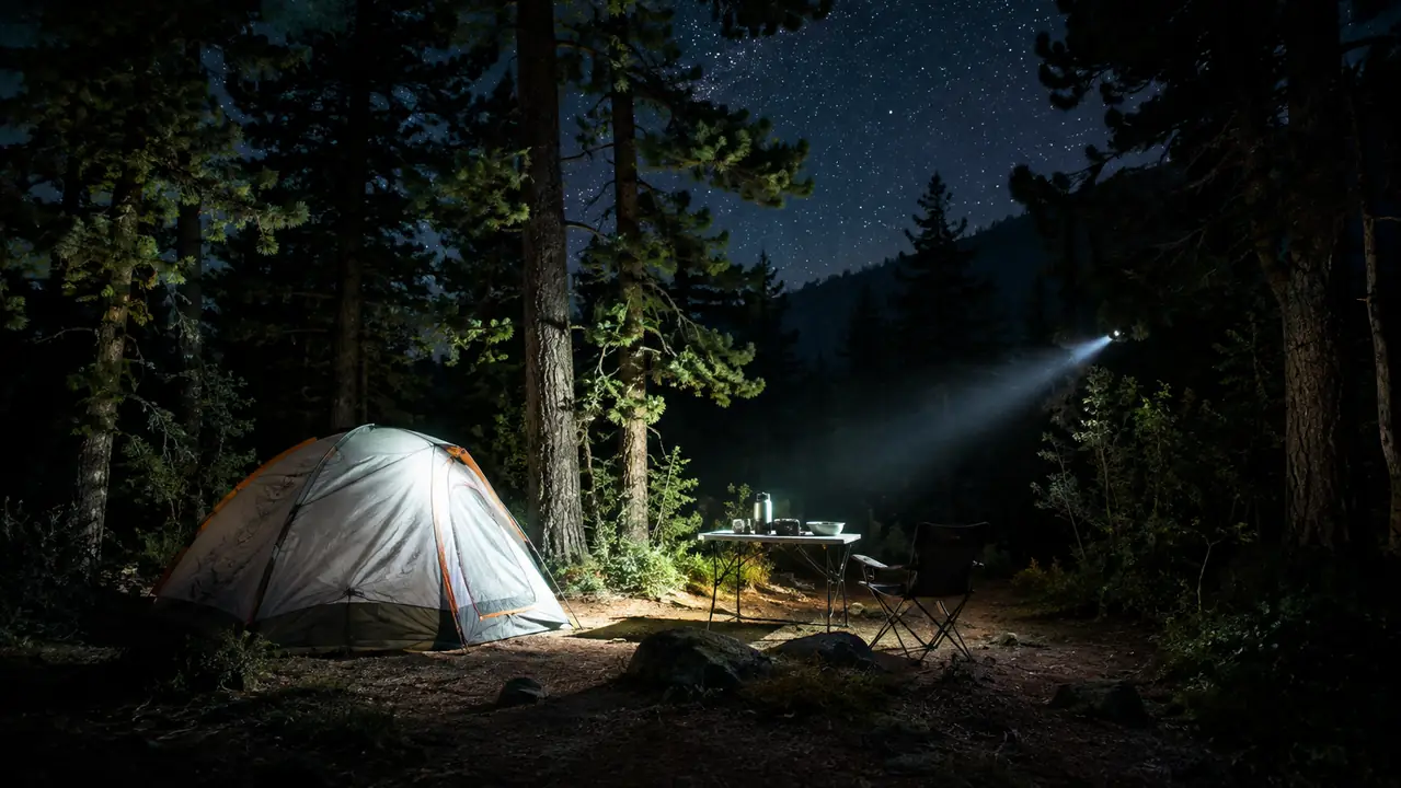 A campsite at night lit by a single headlamp beam across a tent and a camp table