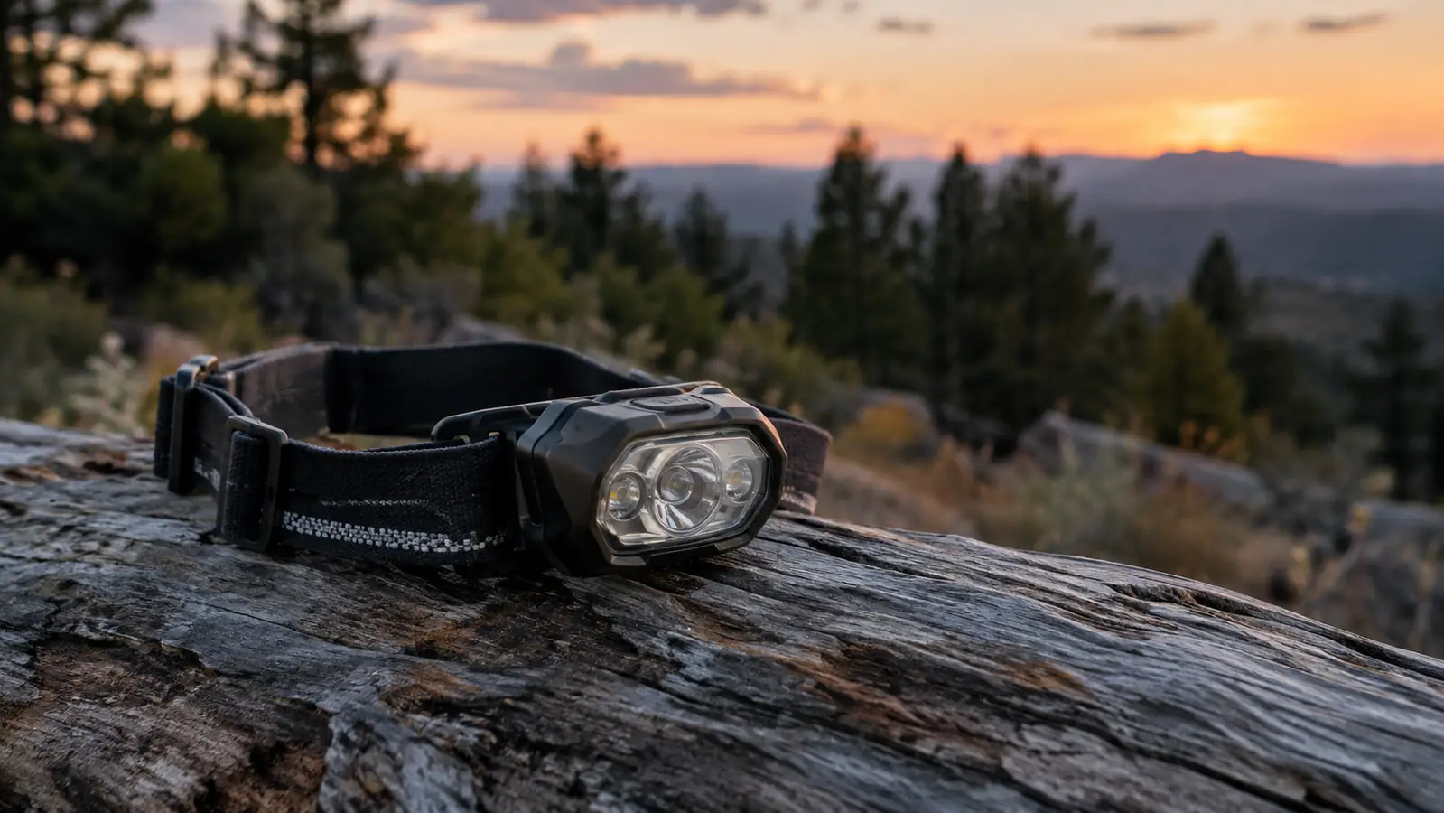 A headlamp resting on a weathered log at dusk in the high desert, with a treeline behind it
