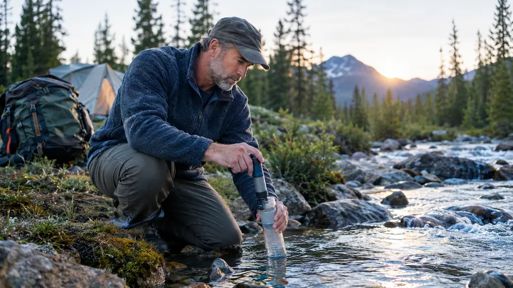 A man in his fifties kneeling beside a mountain stream at dawn, filling a personal water filter next to his backpack and campsite in the pines