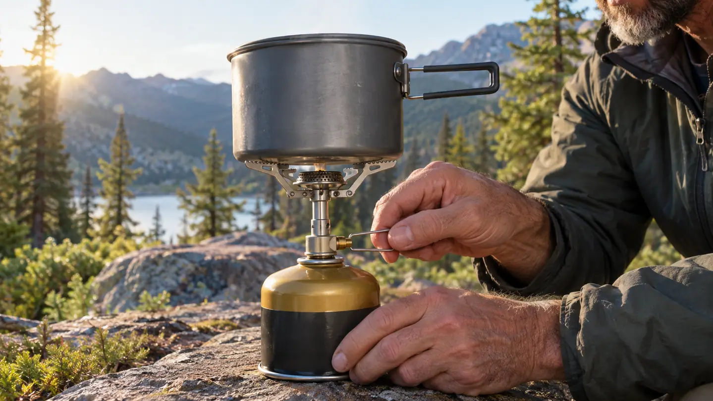 A hand turning the valve on the stove at a campsite with a pot of water set above it in morning light