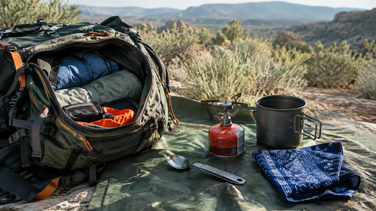 An open hiking pack on a tarp with a stove, fuel canister, pot, spoon and bandana laid out for a backcountry meal in morning light