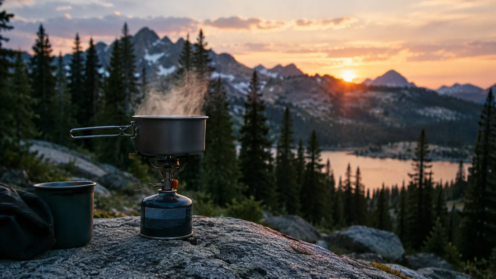 A backpacking stove with a pot of steaming water set on a flat granite slab at a campsite in the trees at dusk