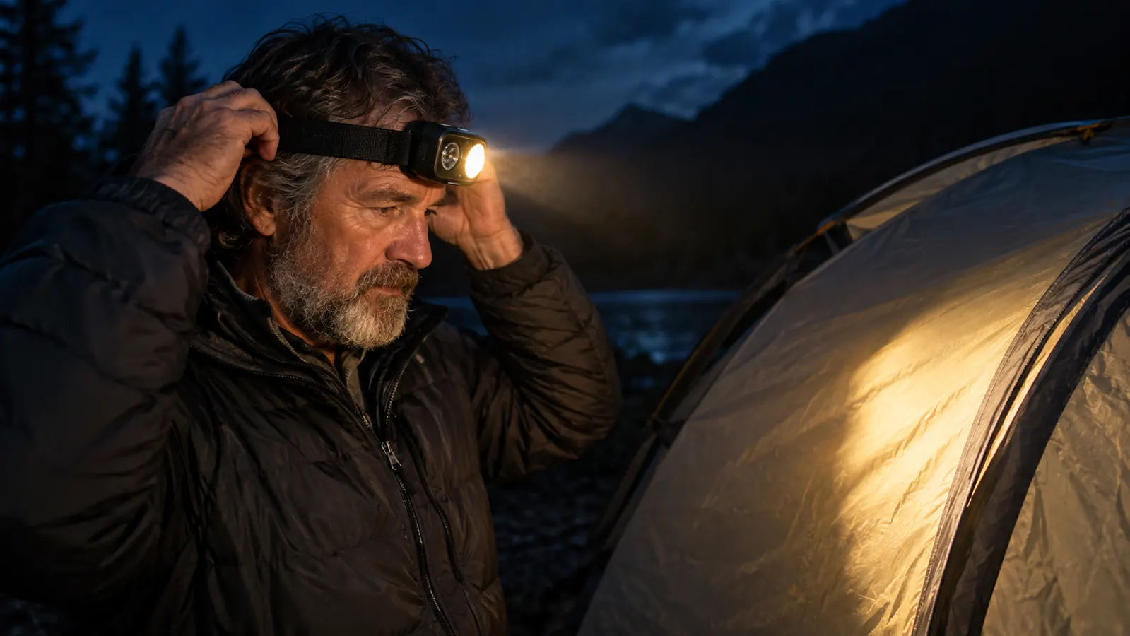 A hand adjusting a headlamp strap on a person's head while they stand beside a tent at night