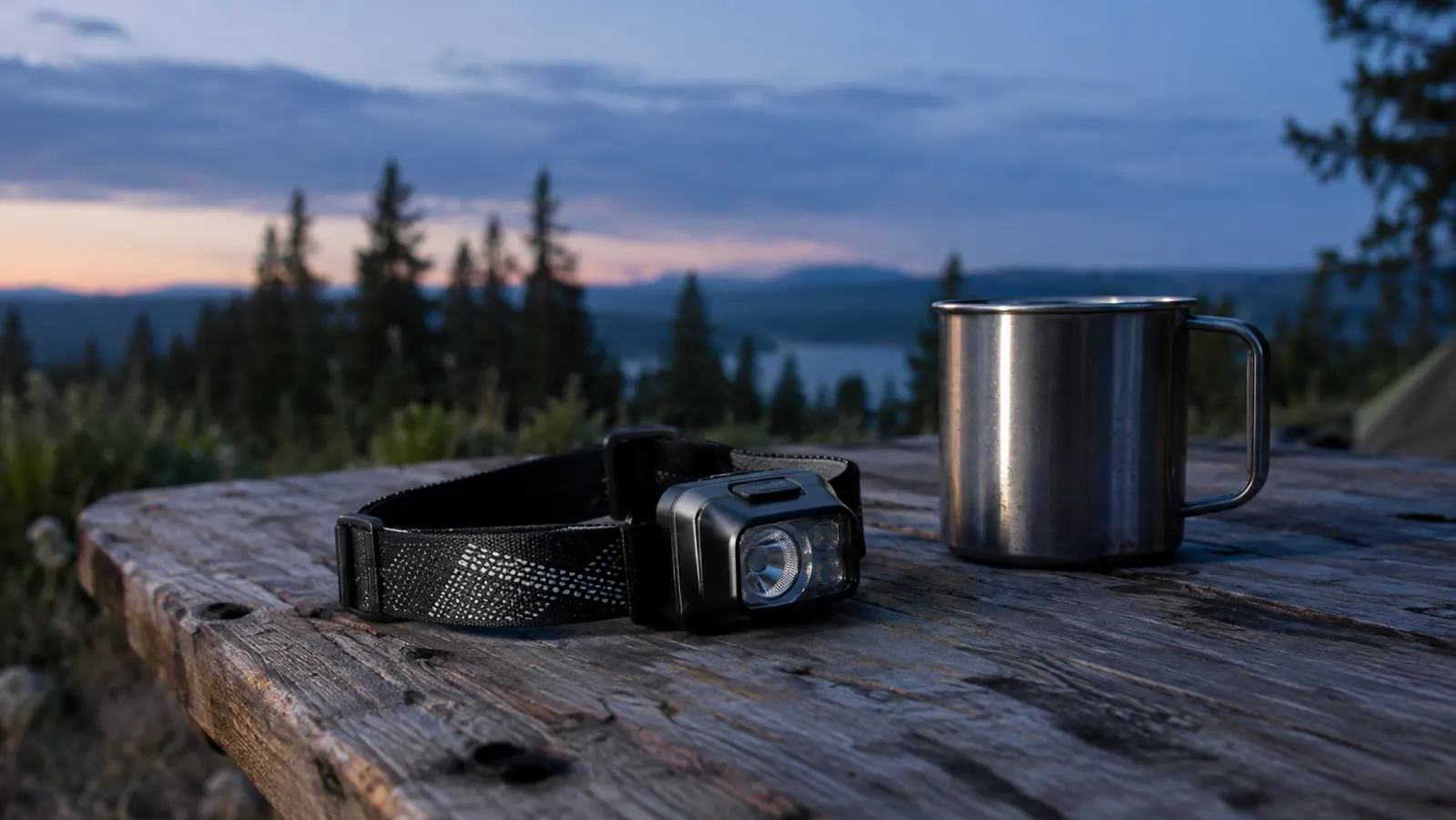 A headlamp lying on a camp table beside a stainless mug at dusk, with a treeline behind