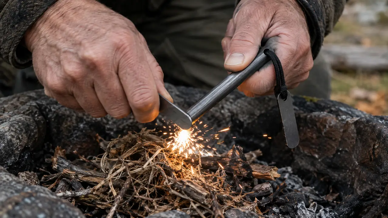 A hand holding a ferro rod and striker over a pile of dry tinder in a fire ring