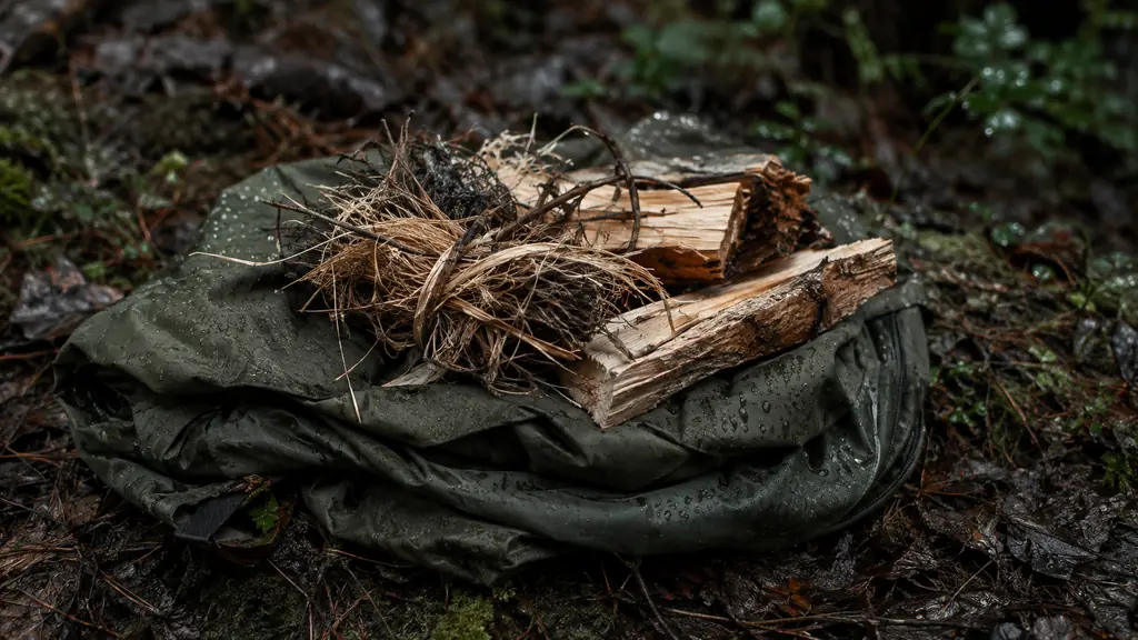A dry tinder bundle resting on a folded rain jacket on wet ground