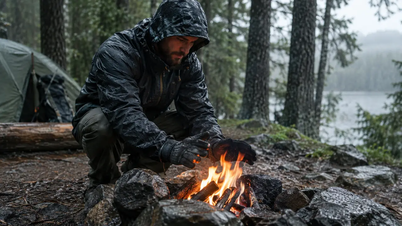 A person's gloved hands shielding a small flame while rain falls around a campfire ring