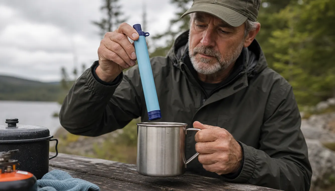 A hand holding a water filter straw above a stainless steel camp mug