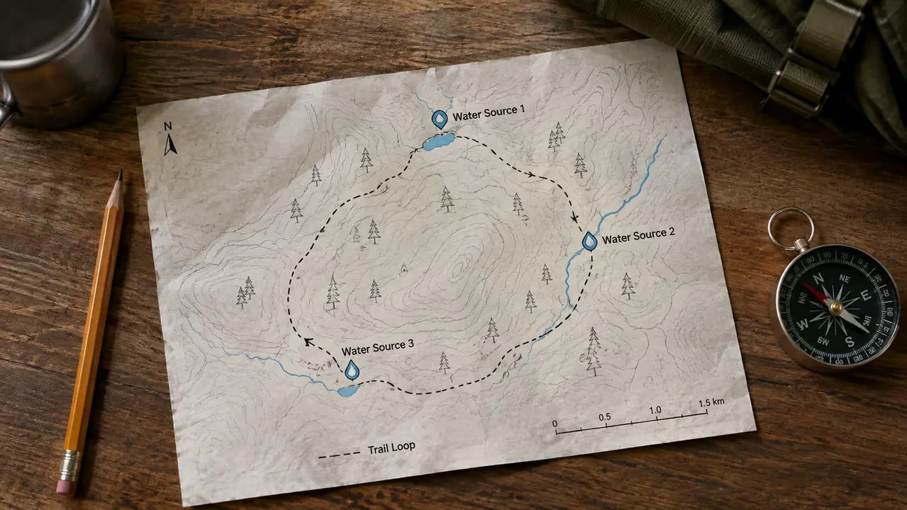 A simple map sketch showing a trail loop with three marked water sources