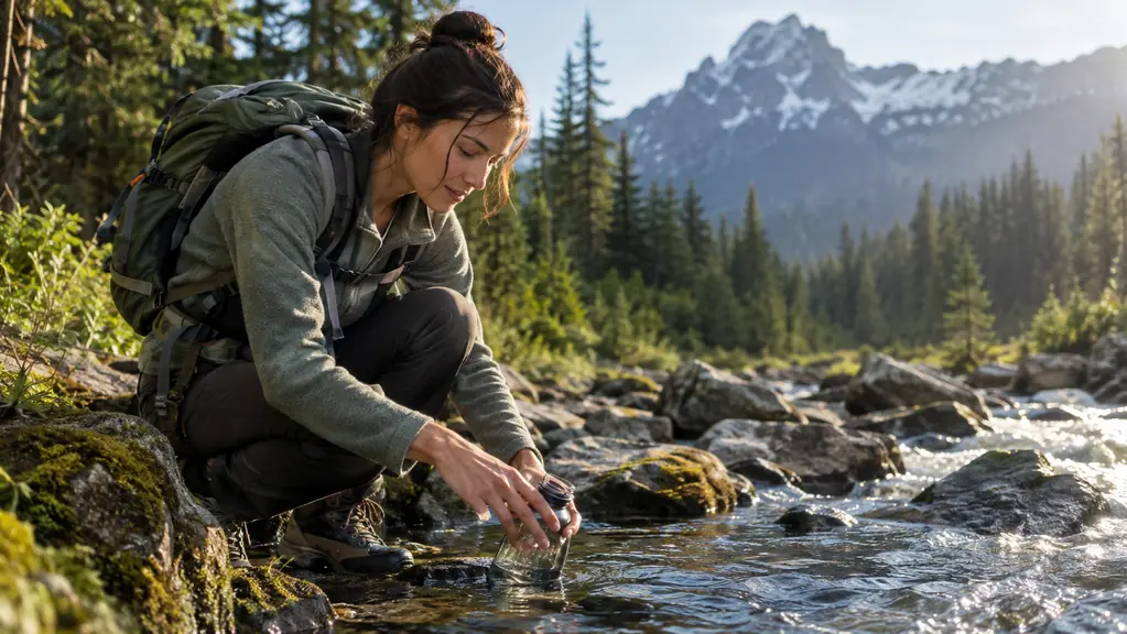 A hiker kneeling beside a mountain stream, filling a clear bottle with water
