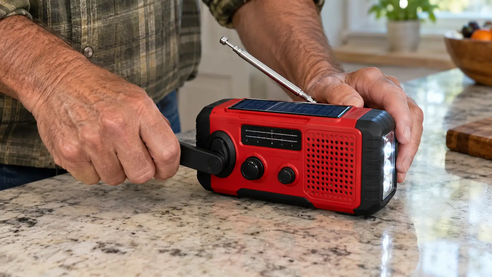 A person turning the crank on an emergency radio while it sits on a kitchen counter