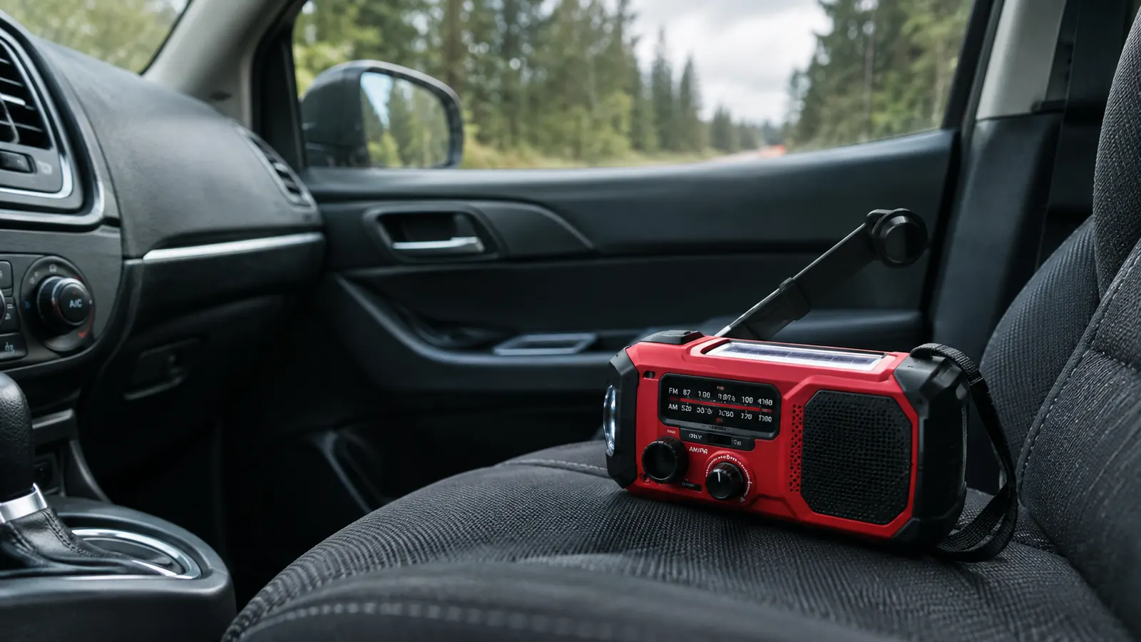 A hand-crank emergency radio on a car seat inside a parked SUV, with a forested road visible through the windshield